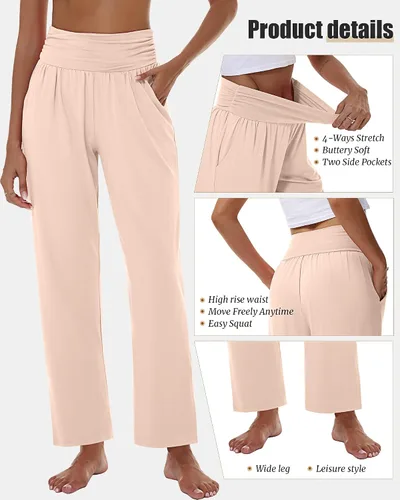 Vista 5 de 3 piezas de pantalones de yoga de pierna ancha para mujer, pantalones de descanso de cintura alta con bolsillos, pantalones deportivos de yoga