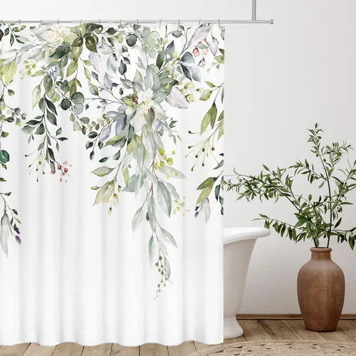 Vista 37 de Tititex - Juego de cortinas de ducha de eucalipto negro, hojas de acuarela gris en la parte superior, con decoración floral de baño, 60 x 72