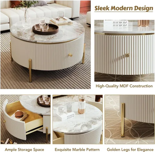 Vista 4 de Mesa de café redonda, mesa de café moderna de 31.5" con 2 cajones grandes de almacenamiento, tapa de mesa con patrón de mármol, mesa central