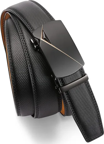 Vista 7 de SENDEFN Cinturón de cuero para hombre, con hebilla de trinquete automática, cinturón casual de 1 38 pulgadas de ancho, ribete ajustable