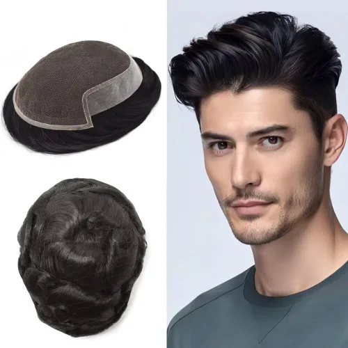 Vista 46 de FACE MIRACLE - Tupé de encaje frontal francés para hombres, postizos, sistemas de reemplazo de cabello humano con PU para hombre, prótesis