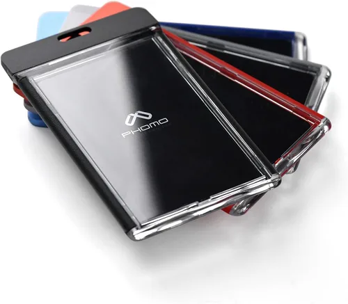 Vista 5 de Phomo Portatarjetas de identificación de aluminio con clip de metal y cordón de identificación, soporte vertical transparente para tarjetas