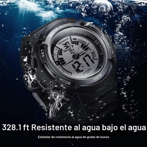 Vista 2 de Reloj deportivo de pulsera digital para natación, 328.1 ft, resistente al agua, para buceo con luz trasera LED, cronómetro y funciones de cronógrafo
