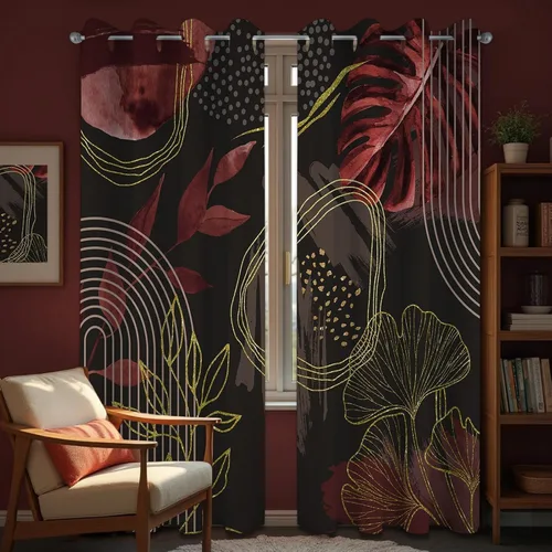 Vista 52 de Cortinas opacas negras y doradas, cortinas modernas de mediados de siglo para dormitorio, sala de estar, 63 pulgadas de largo, juego de 2 paneles