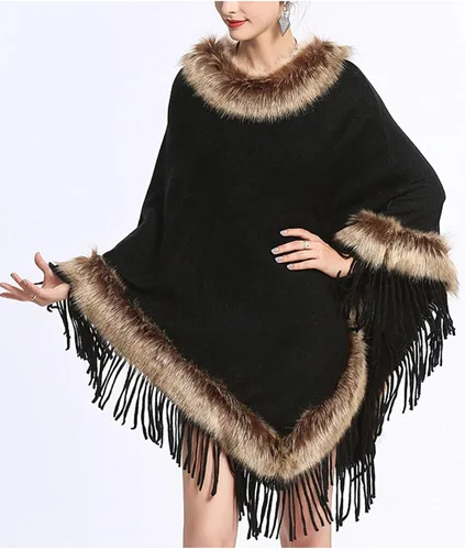 Vista 3 de PUWEI - Poncho de piel de zorro sintético con borla para mujer