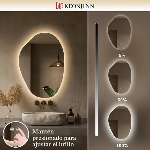Vista 4 de Keonjinn Espejo de baño retroiluminado asimétrico de 22 x 30 pulgadas con luces, espejo LED irregular con vidrio templado HD, controlador LED