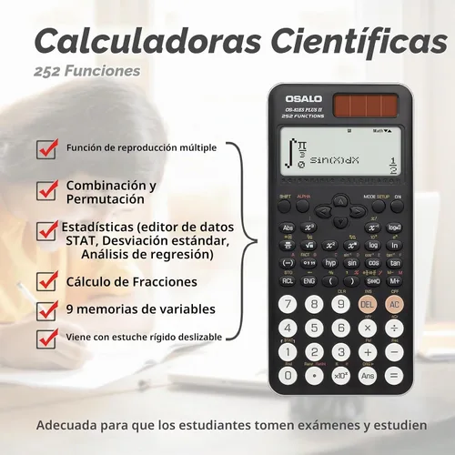 Vista 3 de OSALO Calculadora científica 252 funciones Pantalla escrita de 2 líneas y calculadoras solares de batería para estudiantes de secundaria (OS-82ES-2)