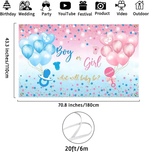 Vista 4 de Avezano Telón de Fondo de Revelación de Género Niño o Niña Cartel Pancarta Estrellas Azules y Rosas Puntos Tema de Globos Decoraciones de Fiesta