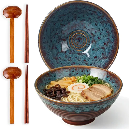 Vista 8 de Juego de cuencos de cerámica japonesa de ramen con palillos, cuencos Pho de 8 pulgadas y 40 onzas y tazón de sopa asiático y cucharas para fideos