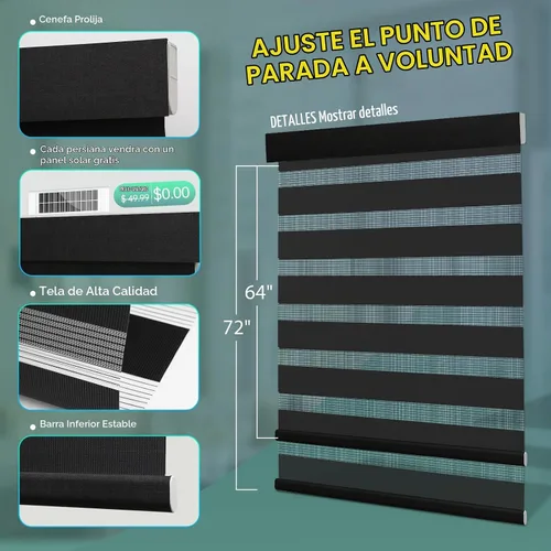 Vista 4 de Persianas de cebra motorizadas, persianas automáticas de doble capa con energía solar y control remoto, persianas eléctricas inalámbricas