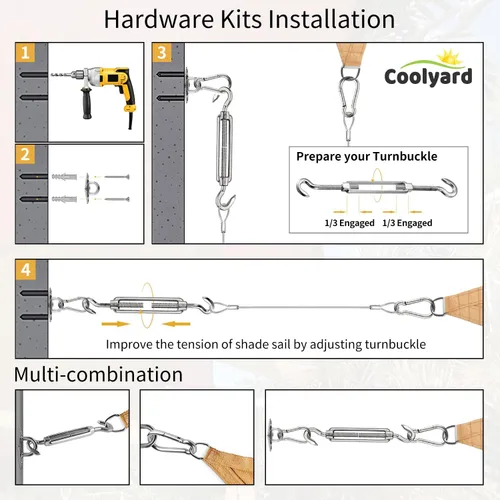 Vista 4 de COOLYARD Kit de accesorios para vela con cable de cable, cable de avión recubierto de vinilo de 48 pies (12 pies x 4), kit de colgar de 6 pulgadas