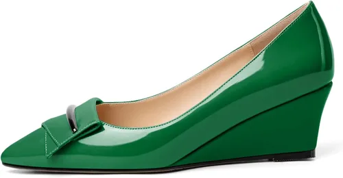 Vista 2 de Eldof Tacones de cuña bajos para mujer, zapatos de tacón de cuña con lazo de 2 pulgadas, zapatos de vestir para fiestas, bodas y noches