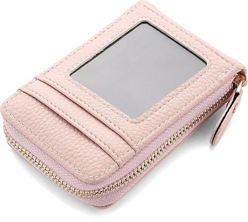 Vista 9 de RNIEGA Cartera pequeña para tarjetas de crédito, ligera, de cuero vegano, acordeón con cremallera, cartera para tarjetas de moda Rfid para mujer