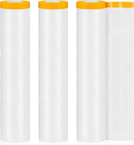 Vista 7 de Seajan 9 rollos de plástico con cinta adhesiva precintada para pintar pintura automotriz, película protectora, rollo de cinta adhesiva de plástico