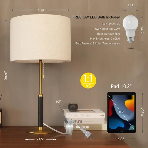Vista 2 de Lámpara de mesa con cadena de tracción de 26.4 pulgadas, moderna lámpara de noche de mediados de siglo para mesas auxiliares de sala de estar, luz