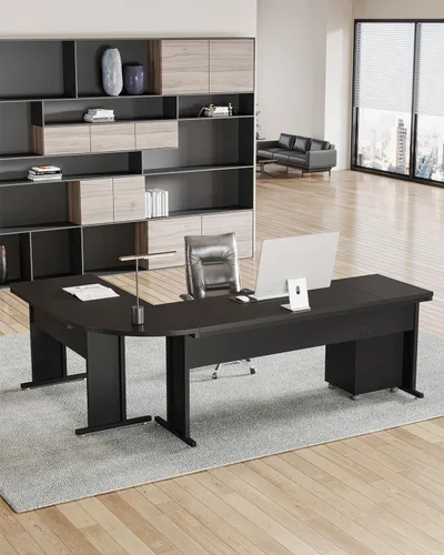 Vista 8 de LITTLE TREE Escritorio ejecutivo grande de 82.67 pulgadas de largo en forma de L para computadora con archivador móvil de 3 cajones, mueble