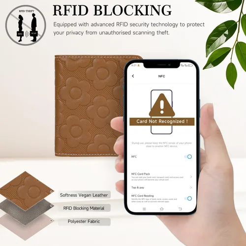 Vista 5 de Billetera para mujer, delgada y pequeña, billetera compacta con RFID, plegable, compacta, para mujer, cartera de cuero en relieve 3D con soporte