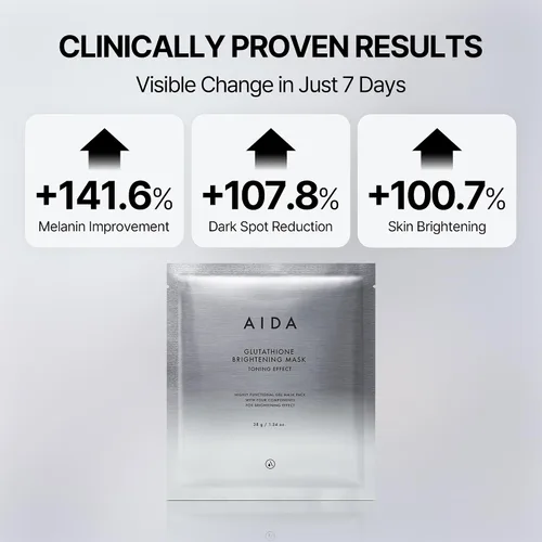Vista 4 de AIDA Máscara facial iluminadora de glutatión, cuidado de la piel y las manchas oscuras, 99.4% liposomas de glutatión puros, mascarilla coreana