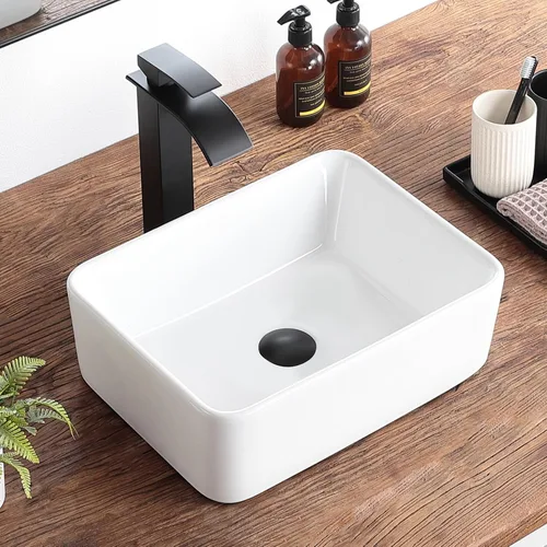 Vista 17 de Lavabo pequeño para baño tipo vasija 11.8"x11.8" pulgadas cuadrado, lavabo de baño de cerámica blanca, lavabos de baño modernos sobre encimera