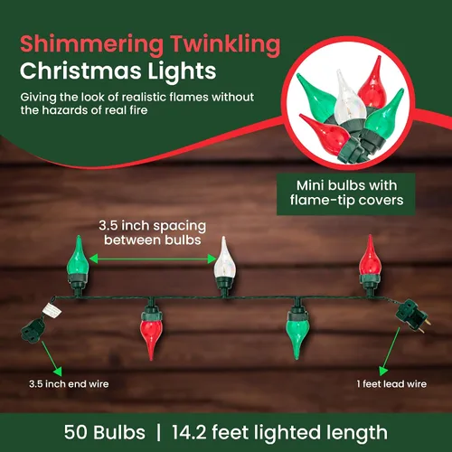 Vista 4 de Juego de luces centelleantes y parpadeantes de Navidad con punta de llama - 8 de 50 luces parpadeantes – 50 bombillas mini rojas, verdes