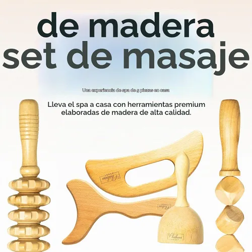 Vista 2 de Set de Herramientas de Masaje de Madera de Lujo Château Avant, Kit de 5 Piezas para Drenaje Linfático y Escultura – Ventosa, Rodillo, Tabla