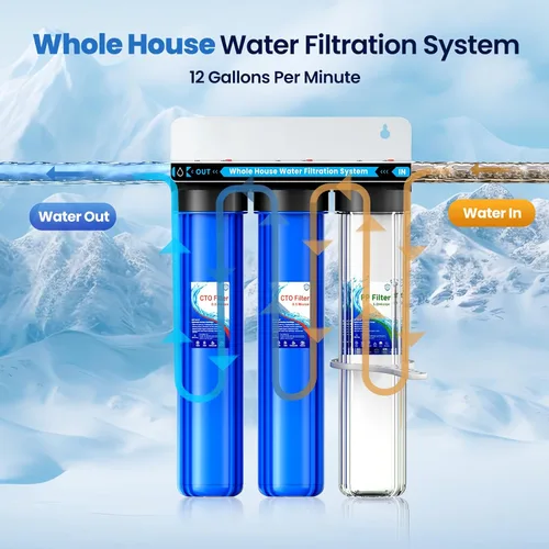 Vista 2 de Sistema de filtro de agua para toda la casa, sistema de filtración de agua de 3 etapas para toda la casa, entrada/salida de 3/4 pulgadas, reduce