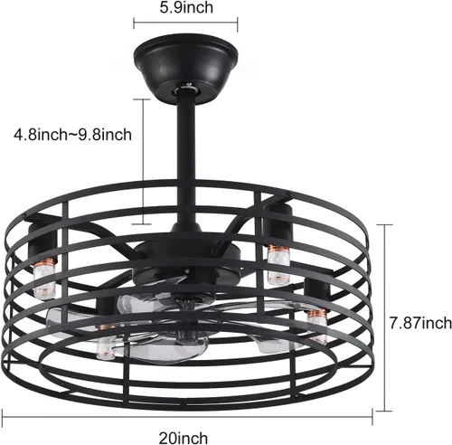 Vista 2 de Ventilador de techo enjaulado de 20 pulgadas con luz, 3 velocidades ajustables, luces de ventilador de techo con control remoto, ventiladores