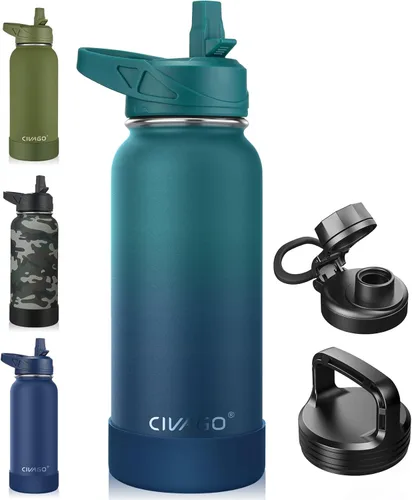 Vista 49 de CIVAGO Botella de agua aislada de 22 onzas con pajita, frasco de agua deportiva de acero inoxidable con 3 tapas