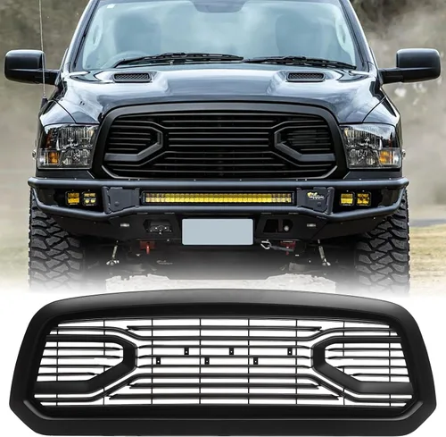 Vista 10 de Rejilla delantera compatible con RAM 1500 Big Horn Style 2013 2014 2015 2016 2017 2018, rejilla de repuesto con letras y luces LED, cromada