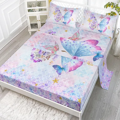 Vista 14 de Juego de sábanas de 4 piezas ajustadas y planas para niñas, estampado de mariposas y flores rosas con 1 + 2 fundas de almohada para cama individual