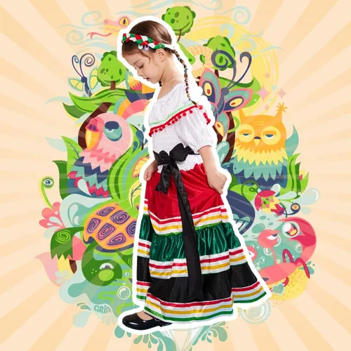 Vista 2 de Megartico Vestido largo tradicional mexicano de Halloween para niñas, disfraz clásico de baile