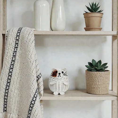 Vista 6 de G6 COLLECTION Cesta de almacenamiento de ratán para gatos con tapa, papelera decorativa para decoración del hogar, organizador de estantes tejido a