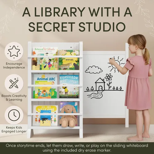 Vista 4 de OurNest Estantería magnética deslizante y marcadores H-31 para niños y bebés, de madera con tres niveles para lectura, creatividad y Montessori