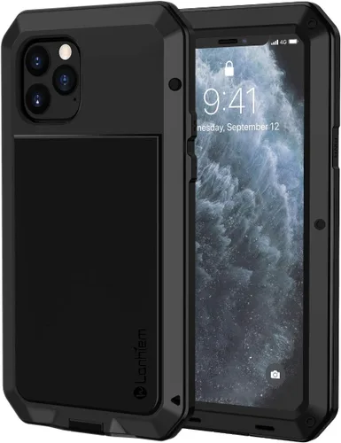 Vista 10 de Lanhiem Funda de metal para iPhone 11, resistente a los golpes, resistente a los golpes, con protector de pantalla de vidrio integrado, funda Negro