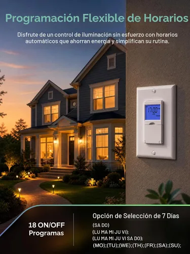 Vista 2 de BN-LINK Interruptor Temporizador Programable de Pared de 7 Días para Luces, Interruptor de Luz Digital Temporizador para Interiores, Polo Simple y 3