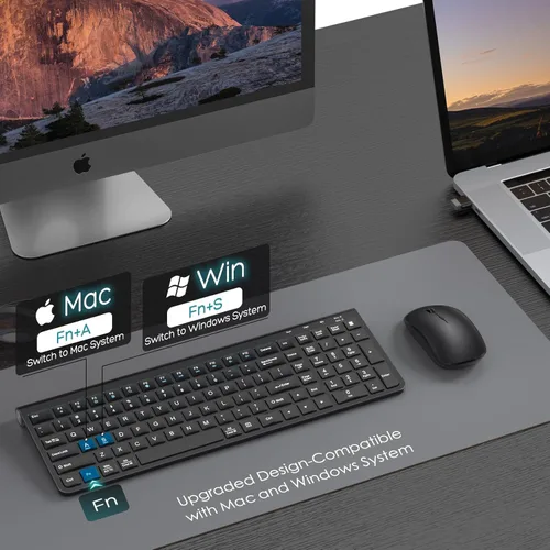 Vista 2 de JOYACCESS Combo de teclado y mouse inalámbrico, teclado inalámbrico ergonómico con soporte ajustable, conector tipo C y película impermeable