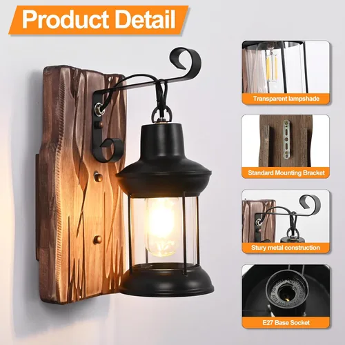 Vista 7 de Lámparas de pared rústicas, apliques de pared vintage, juego de 2 lámparas de madera antigua de granja con iluminación interior de vidrio