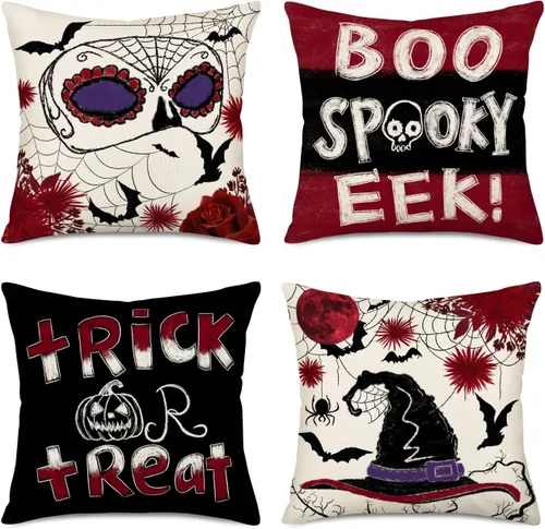 Vista 7 de Fukeen Juego de 4 fundas de almohada de 16 x 16 pulgadas con texto en inglés «Happy Halloween», «Truco o trato», fantasma, fantasma, horror