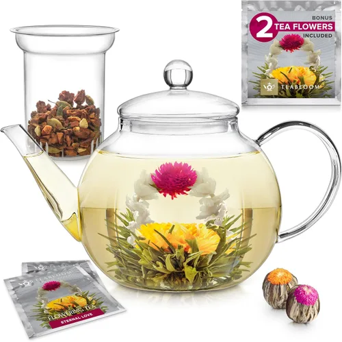 Vista 9 de Tetera de vidrio Teabloom segura para estufa y microondas con infusor de té de vidrio extraíble – Incluye 2 tés florecientes – Hervidor de té