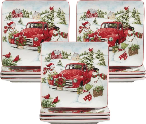 Vista 8 de Juego de 4 platos llanos de cerámica con diseño de muñeco de nieve de camión rojo. Añade encanto clásico de vacaciones a tu mesa con estos platos