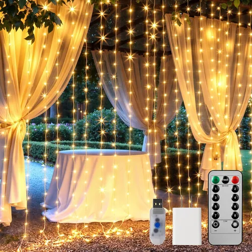 Vista 10 de Brightown - Cadena de luces para cortina, luces de hadas colgantes con control remoto, 8 modos, luces de ventana impermeables para telón de fondo