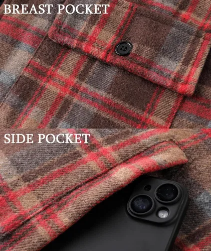 Vista 5 de V VALANCH Chaqueta de franela para hombre con capucha, manga larga, abrigo a cuadros con cremallera, sudadera gruesa con 4 bolsillos