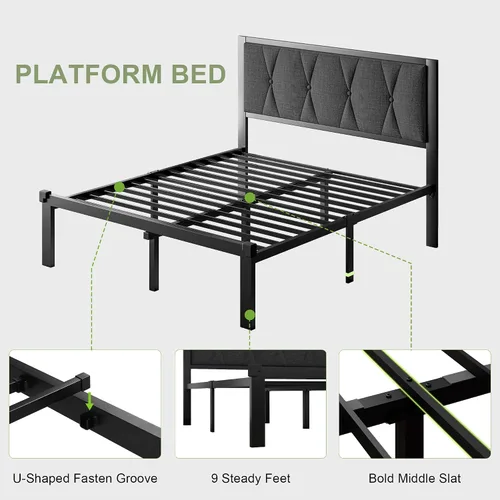 Vista 6 de Feonase Base de cama de metal tamaño Queen con cabecera capitoné con botones de tela, cama de plataforma con listones de metal resistentes, espacio