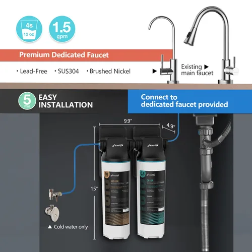 Vista 3 de Frizzlife DW10F - Sistema de filtro de agua para debajo del fregadero con grifo de níquel cepillado, elementos certificados NSF/ANSI 53 y 42, reduce