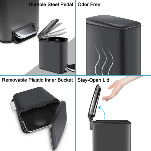 Vista 3 de H+LUX Bote de basura pequeño con tapa de cierre suave, cubo de basura con papelera interior extraíble, papelera rectangular para baño, dormitorio