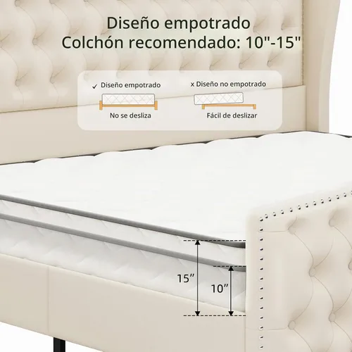 Vista 7 de BRELTAM Marco de cama tapizado tamaño Queen en terciopelo color beige con cabecera y pie de cama acolchados con botones profundos y soporte