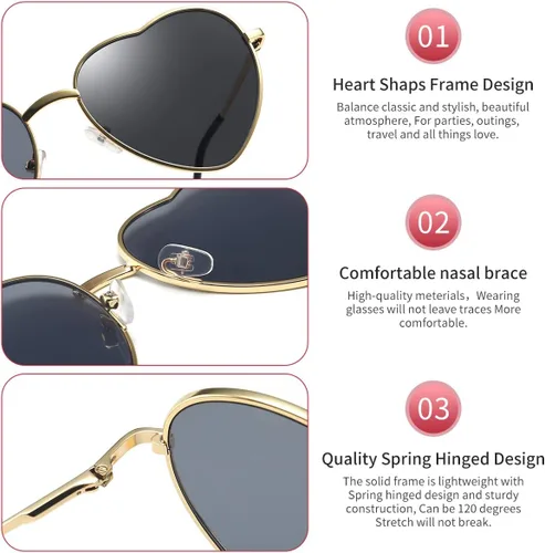 Vista 4 de Dollger - Lentes de sol de corazón, marco fino de metal, precioso, estilo corazón, para mujeres, rosa, 55