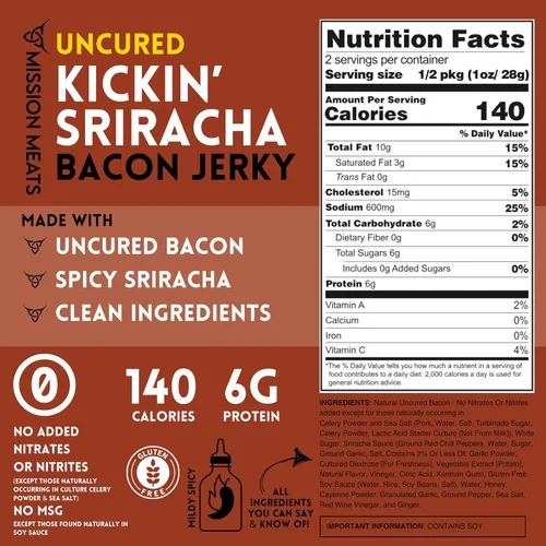 Vista 2 de Delicioso charqui de tocineta real sin curar, charqui hecho a mano en pequeños lotes, Kickin' Sriracha, MSG, libre de nitratos y nitritos