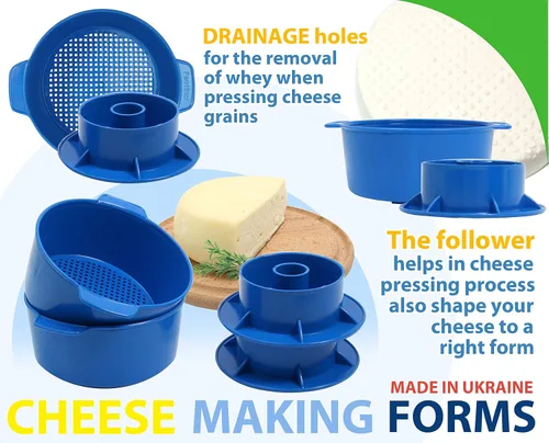 Vista 5 de PetriStor Kit de fabricación de quesos – 2 piezas de molde de queso con un pistón seguidor azul y gasa de algodón – Cesta para hacer queso – Paneer