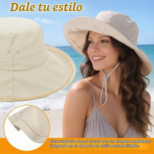 Vista 4 de Sombrero de ala ancha impermeable UPF 50+ para mujer con agujero para cola Beige